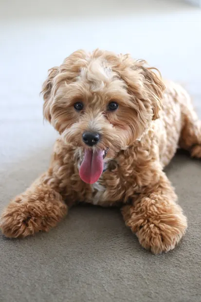 Happy caramel cavoodle panting while lying down