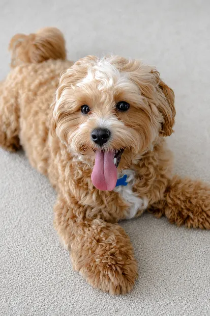 Caramel cavoodle lying down with a big happy tongue