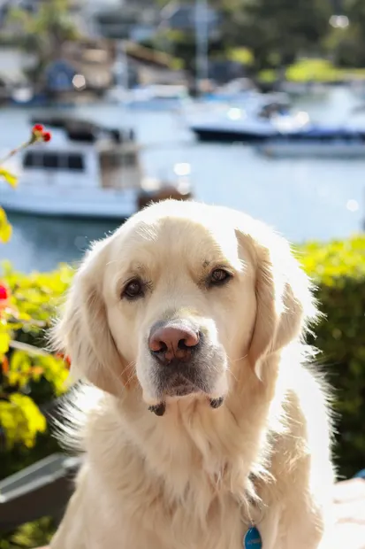 Golden retriever looking at the camera beside a harbour